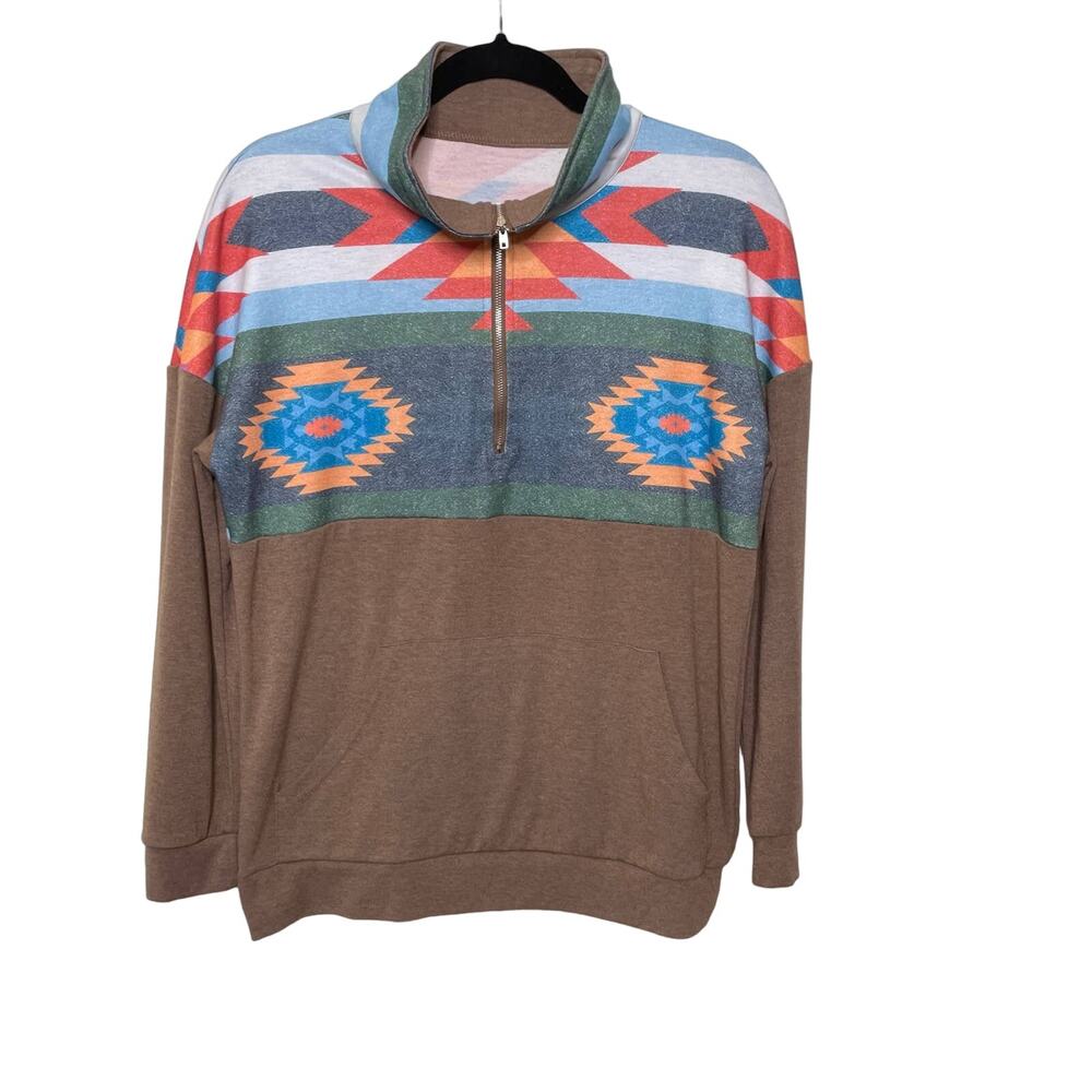 Geometric Aztec Print 1/4 Zip Sweater‎ Long Sleeve Stand Up Collar Brown Blue M